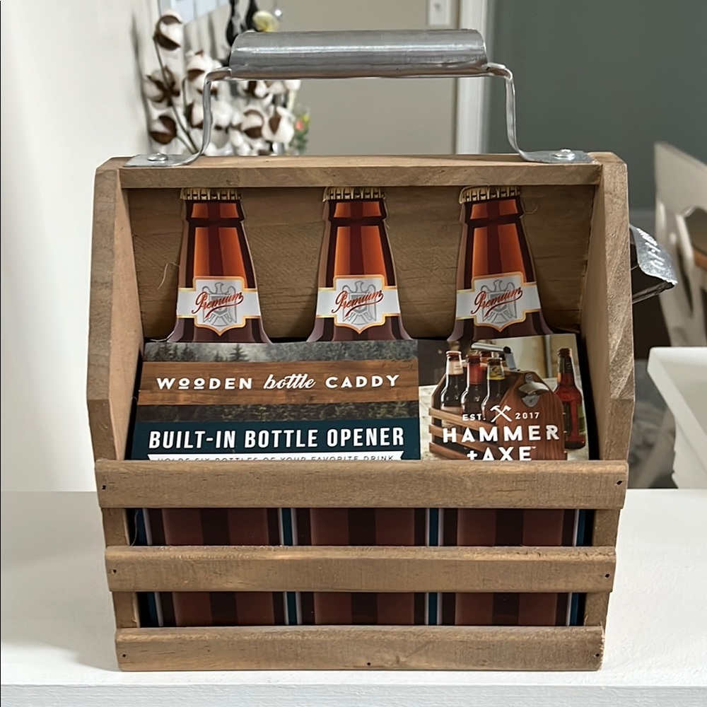 HAMMER & AXE Wooden Bottle Caddy & Built-In Bottle Opener